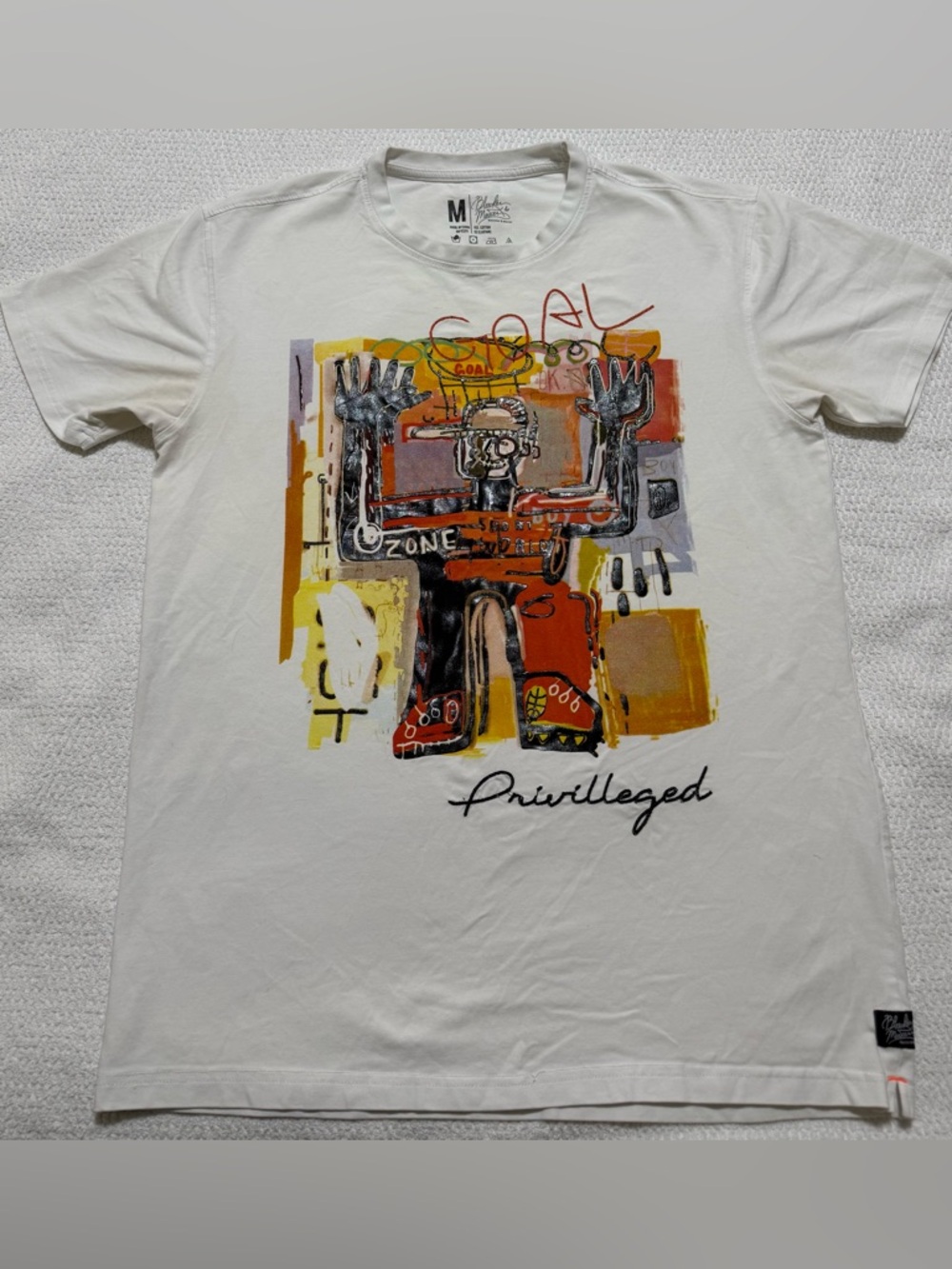 Privileged White Short Sleeve Tee with Multicolor Abstract Figure